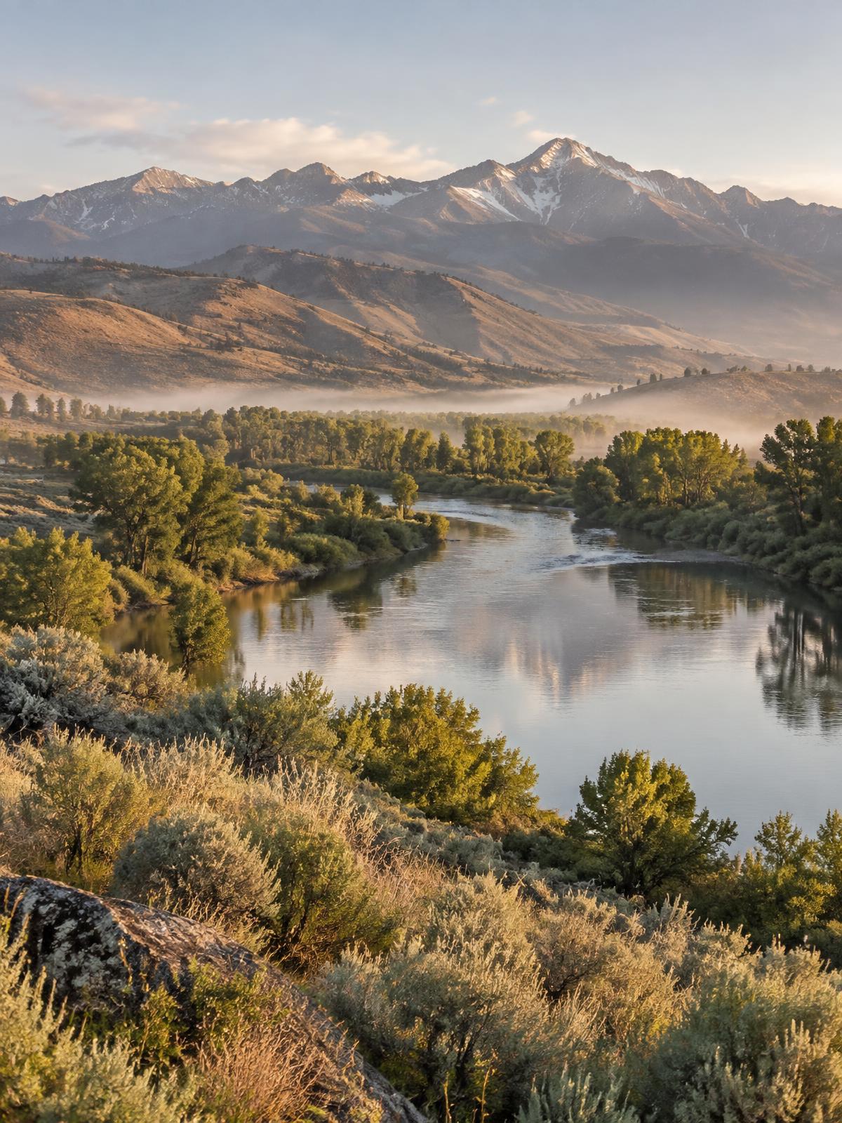 Mountain ridges descending toward a calm river valley